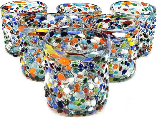 Confetti Rocks 8 oz DOF Glasses (set of 6) Mexican Handmade Multicolor Glassware, Recycled Glass, Lead-free, Toxin-Free (DOF Rocks)