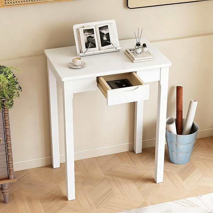 Solid Wooden Desk with Drawers - 24 x 16 Inch Narrow Desks for Small Spaces, Rubberwood Simple Study Table, Small Writing Desk for Bedroom - Modern White Desks