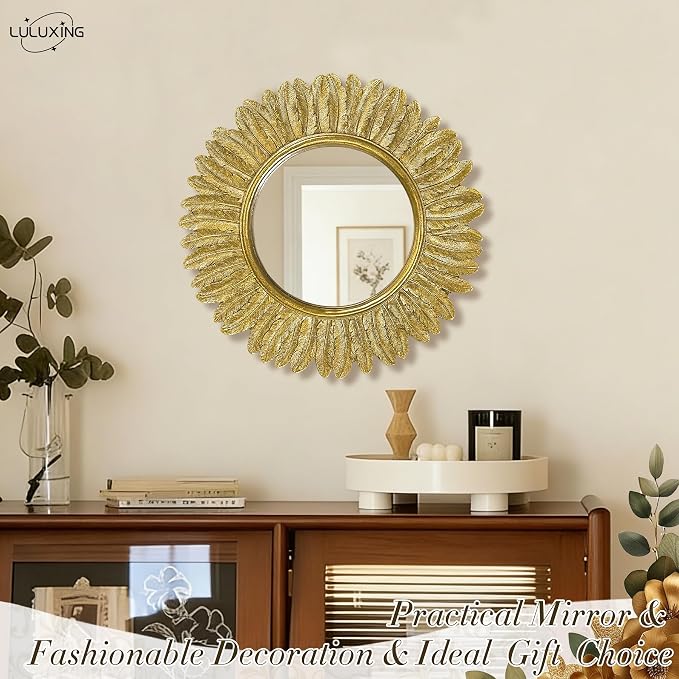 Pack of 1 Gold Round Wall Mirror 12 inch - Small Feather Decorative Wall Mirror,Vintage Sunburst Boho Wall Decor Mirror for Bedroom,Living Room,Entryway,Hallway,Dressing Table