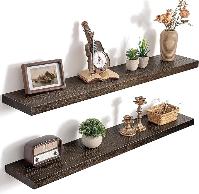 40 Inch Floating Shelves for Wall, 8"D High End Solid Hardwood Shelves for Decor Storage, Rustic Wall Shelves with Invisible Heavy Duty Brackets for Living Room, Kitchen, Bathroom, Walnut, 2 Pack