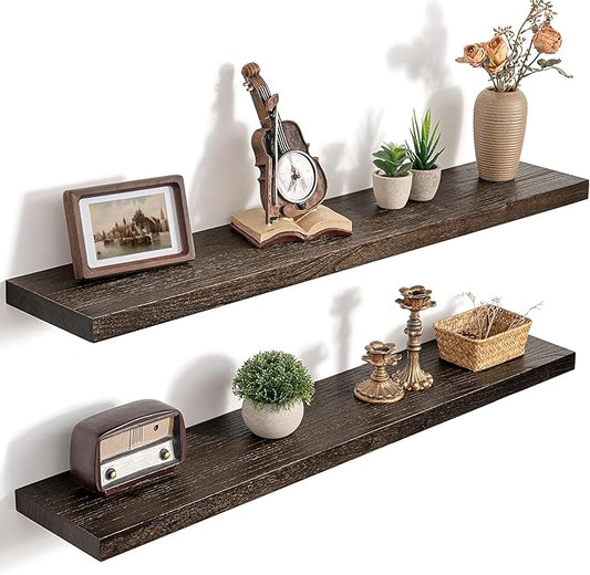 40 Inch Floating Shelves for Wall, 8"D High End Solid Hardwood Shelves for Decor Storage, Rustic Wall Shelves with Invisible Heavy Duty Brackets for Living Room, Kitchen, Bathroom, Walnut, 2 Pack