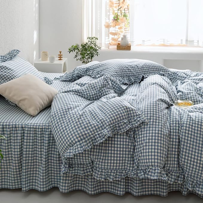mixinni Blue White Gingham Ruffle Duvet Cover Twin XL Size 3 Pieces – 100% Washed Cotton, Vintage Plaid Ruffled Bedding Set with Zipper Ties, Soft Checkered Grid Farmhouse Chic Comforter Cover Set