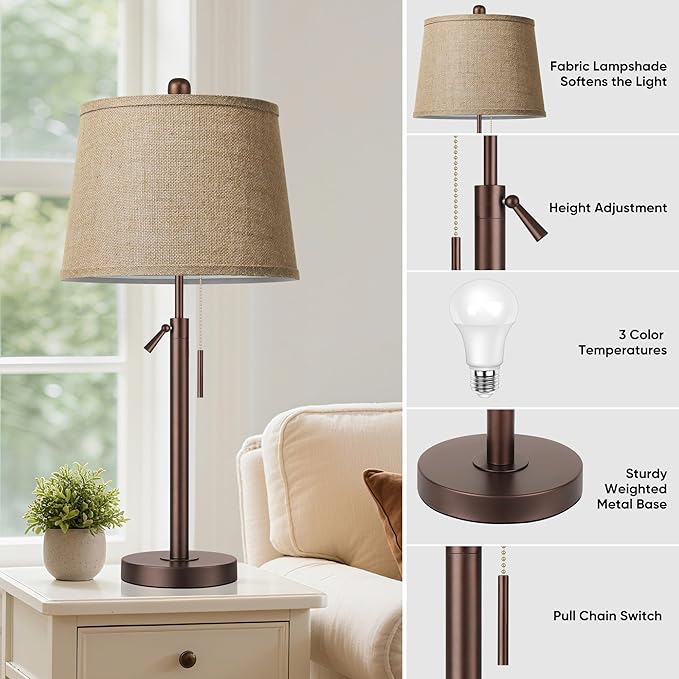 PARTPHONER Bedside Lamps Set of 2, Tall Table Lamps for Living Room, Height Adjustable Nightstand Lamps for Bedroom, Modern End Table Lamps with Pull Chain(LED Bulbs Included), Oil Rubbed Bronze