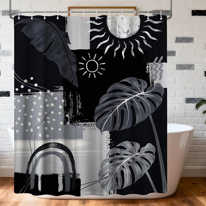 Black and Gray Mid Century Modern Shower Curtain Bohemian Abstract Dark Black and Grey Shower Curtains for Bathroom Decor Sets, Waterproof Cloth Fabric with Hooks, 72x84 Inch