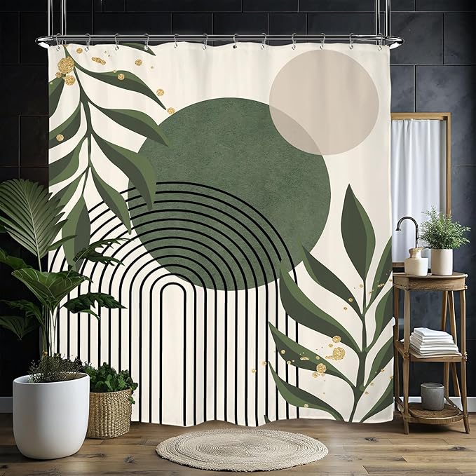 Miyotaa Green Abstract Shower Curtain Set 60Wx71H Inches Neutral Leaves Geometric Minimalist Aesthetic Plant Mid Century Modern Vintage Polyester Waterproof Bathroom Curtain with 12 Hooks