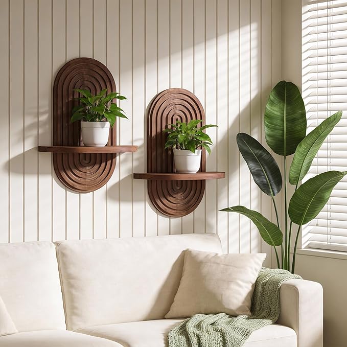 Heiple Set of 2 Boho Arched Floating Shelves 15.7”x 7.8”3D Wooden Hanging Shelf for Living Room Bedroom Nursery Mid Century Modern Wall Decor(Dark Brown, 11.7 * 15.7)