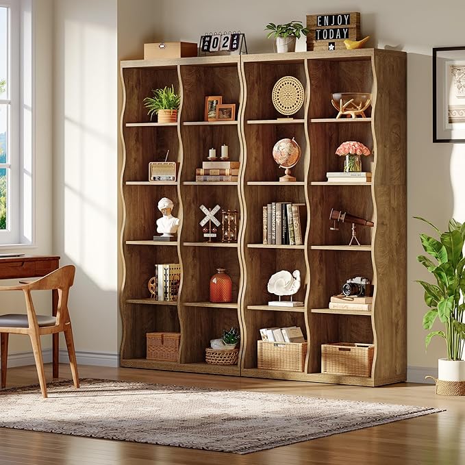 Tribesigns 70.86" Wooden 10 Cubes Bookcase Set of 2, 5-Tier Tall Bookshelf with Unique Curved-Edge Design, Rustic Display Storage Organizer with Open Shelves for Living Room, Home Office, Bedroom (2)