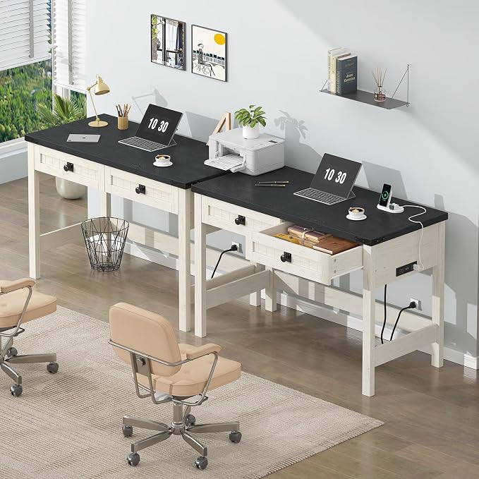 YOMILUVE Farmhouse Computer Desk with 2 Drawers, 39 Inch Small Office Computer Desk with Power Outlets, Compact Writing Study Vanity Desk for Small Spaces, Black and White