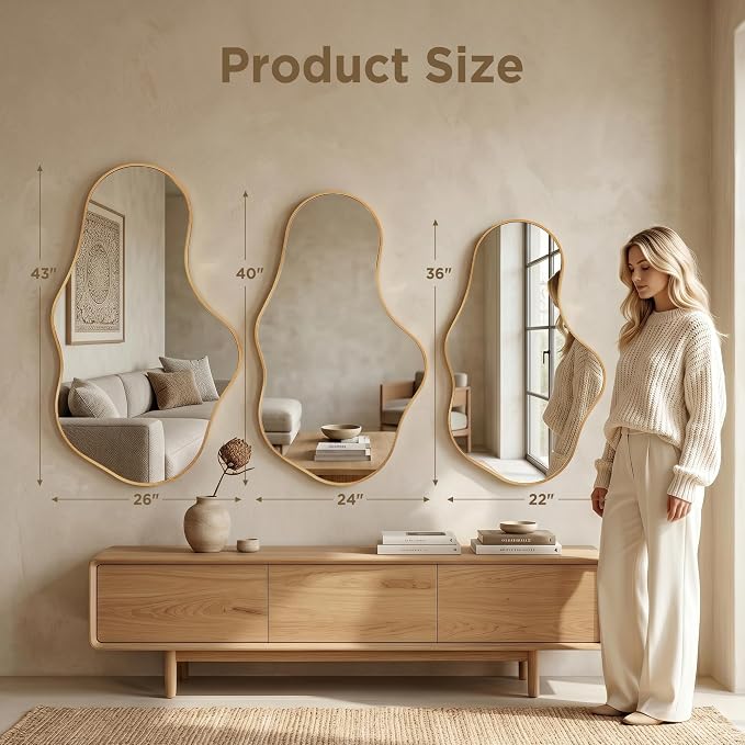 Irregular Wall Mirror, 24"x40" Gold Abstract Asymmetrical Mirrors for Wall, Decorative Cloud Aesthetic Mirror for Bathroom, Bedroom, Cloakroom, Entryway, Shatter-Proof Aluminum Alloy Frame
