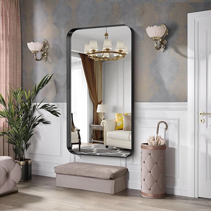 CIRCUMI Black Bathroom Mirror, 30"x60" Rectangular Mirror with Deep Metal Frame, Rounded Corner, Tempered Glass, Large Mirror for Wall, Over 2 Sinks, Installed Vertically/Horizontally, Crystal-Clear