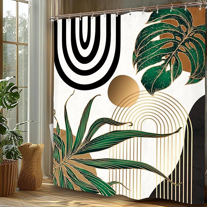 Miyotaa Emerald Green Abstract Shower Curtain Set 60Wx71H Inches Mid Century Minimalist Aesthetic Modern Contemporary Plant Tropical Polyester Waterproof Bathroom Curtain with 12 Hooks