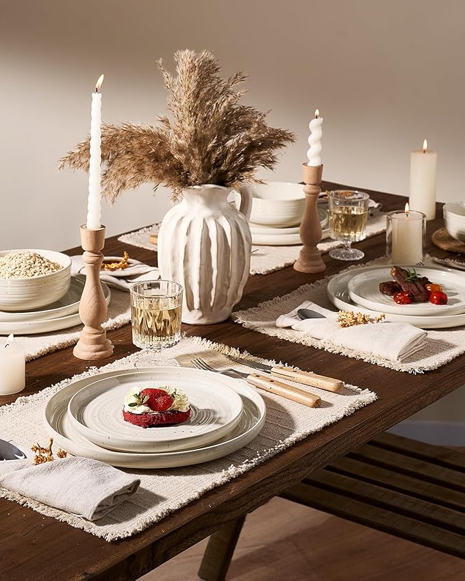 Stoneware Dinnerware Sets, Plate and Bowl Sets for 4, 12 Pieces Spiral Flared Dishware with Speckles and Reactive Glaze, Microwave Dishwasher Safe Family Tableware, Shell Beige