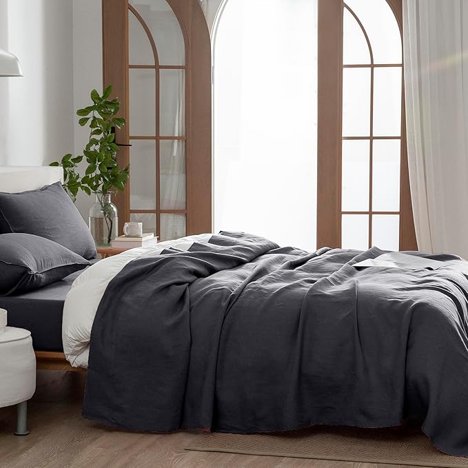 EVERLY Linen Sheets Set Full Size,100% French Stonewash Pure Linen Bed Sheets,4Pieces (1Flat Sheet,1Fitted Sheet,2Pillowcase) Suitable for Hot Sleepers,Deep Pocket Natural Bedding Set-Dark Grey