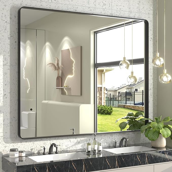 48x40 Inch Black Metal Framed Bathroom Mirror for Wall, Large Rounded Rectangle Mirror, Matte Black Bathroom Vanity Mirror, Anti-Rust, Shatterproof, Hangs Horizontally or Vertically
