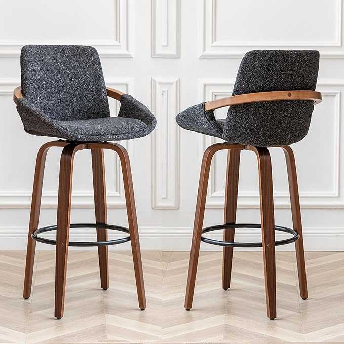 LUNLING 25.6" Counter Height Barstools Mid Century Modern Retro Bar Chairs Charcoal Gray Linen Look Fabric Upholstered and Walnut Wood Frame for Home Bar Furniture(Darkgrey,1PCS)