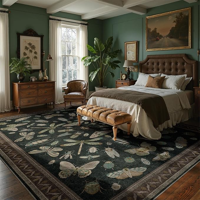 DCX 8x10 Washable Insect Rug, Vintage Gothic Black Rug with Non-Slip Rubber Backing, Soft Low-Pile, Stain-Resistant, Kid & Pet Friendly, for Living Room, Bedroom, Office, and Nature-Themed Decor