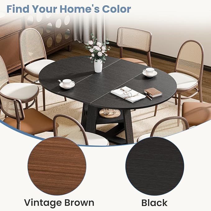 DUMOS Extendable Round Dining Table for 4-8, Modern Kitchen Oval Dinner Table with Storage Shelf, Wood Pedestal Table, Space Saving Modern Style, Black