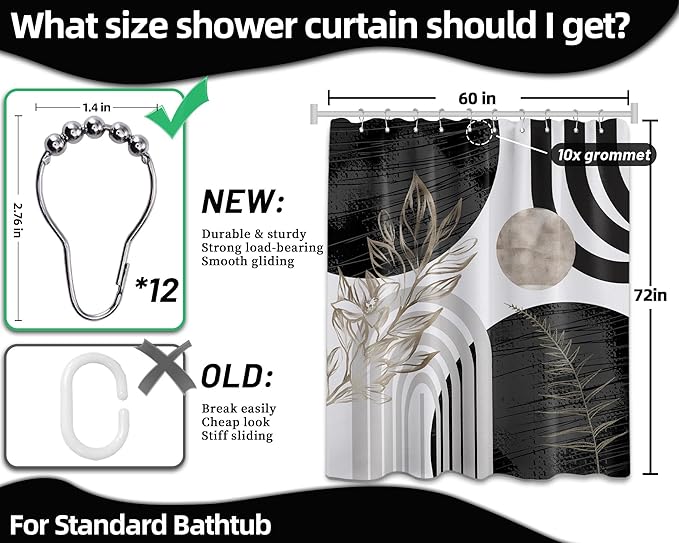 Mid Century Modern Black and White Shower Curtain Cool Charcoal Grey Silver Shower Curtains for Mens Bathroom Decor Sets, Abstract Boho Pattern, Waterproof Cloth Fabric with Hooks 60x72 in