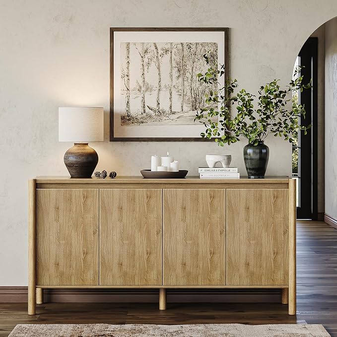 CHUWELL Sideboard Cabinet - 59" Mid Century Buffet Storage Cabinet with 4 Doors, Adjustable Shelves, and 4 Solid Wood Round Legs- Perfect for Living Room (Oak)