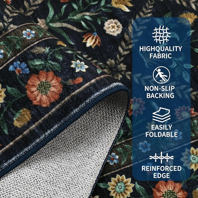 GarveeHome Large Area Rugs 10x13 Washable Rug for Spring Farmhouse Floral Carpet Navy&Black Soft Non Slip Low Pile Faux Wool Stain Resistant for Bedroom Kitchen Bathroom Laundry