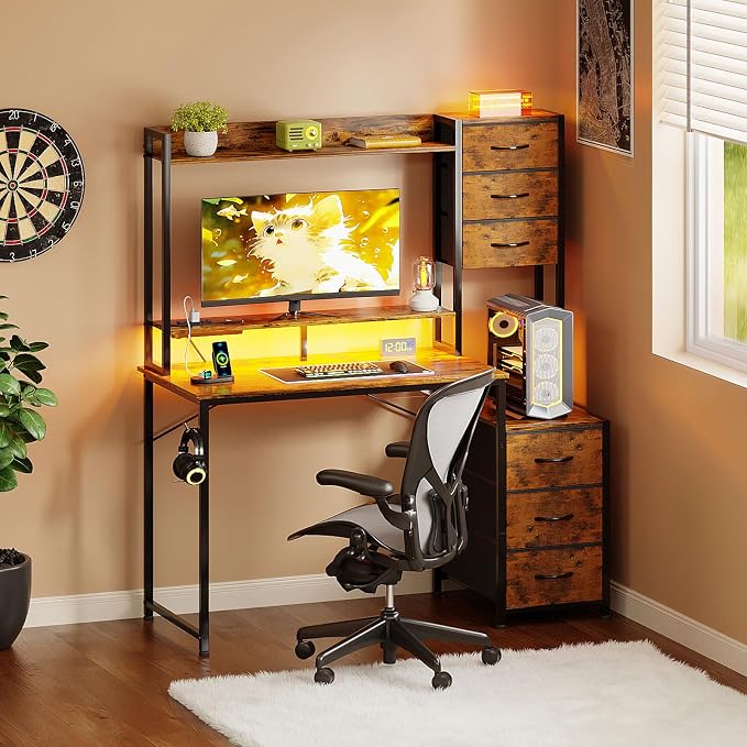 MUTUN 47 Inch Computer Gaming Desk with Hutch Power Outlet and LED Strip, Home Office Work Study Writing Desk with 6 Fabric Drawers and Storage for Bedroom, Escritorios para Computadoras, Rustic Brown