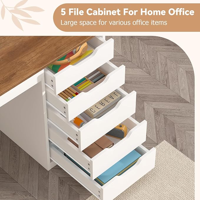 YOMILUVE 47 Inch Computer Desk with 5 Drawers and Power Outlets, Home Office Desks with Storage File Cabinet, Modern Simple Laptop Desk Writing Table for Small Spaces, Brown and White