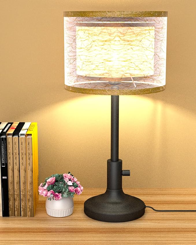 Lightdot Mid Century Table Lamp for Bedroom, Vintage Black Dimmable Table Lamp with 2-Layer Lampshade, Farmhouse Bedside Lamp Nightstand Light for Living Room(Bulbs Included)