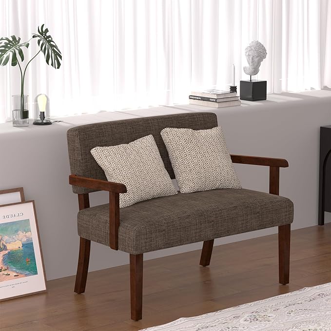 Accent Chair 2 Seat, Upholstered Reading Leisure Chair, Bench with Solid Wood Frame for Dining, Reading,Waiting Rooms (Brown)