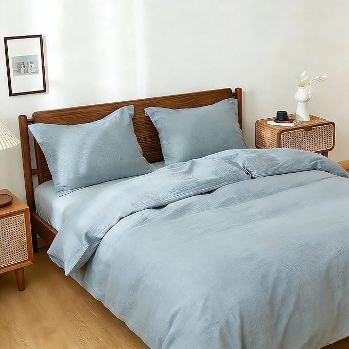 Simple&Opulence 100% Linen Duvet Cover Set, 3 PCS Natural French Flax Dusty Blue Duvet Cover Queen Size, Breathable Soft Comfy Linen Bedding Comforter Cover with 2 Pillowcases(Dusty Blue, 88"x92")