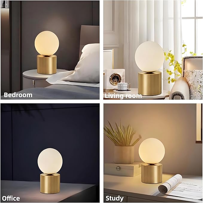 Mid Century Modern Table Lamp with Golden Pillar Bedside Night Light White Glass Globe Table Lamp for Bedroom Living Room and Office