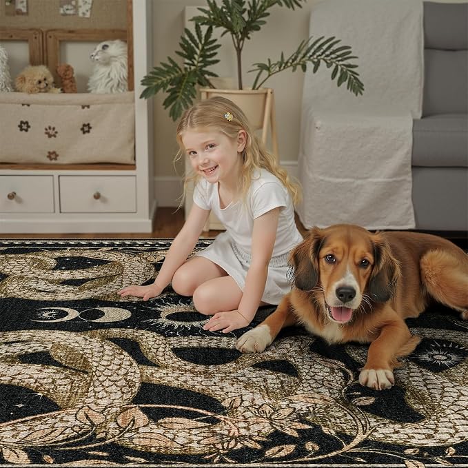 DCX Washable 2x3 Snake Rug, Black Gothic Rug for Living Room, Soft Low Pile Carpet, Kid & Pet Friendly with Rubber Back Non Slip, Stain Resistant Rug for Bedroom Dining Room Office