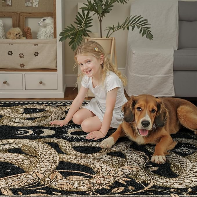 DCX Washable 5x7 Snake Rug, Black Gothic Rug for Living Room, Soft Low Pile Carpet, Kid & Pet Friendly with Rubber Back Non Slip, Stain Resistant Rug for Bedroom Dining Room Office