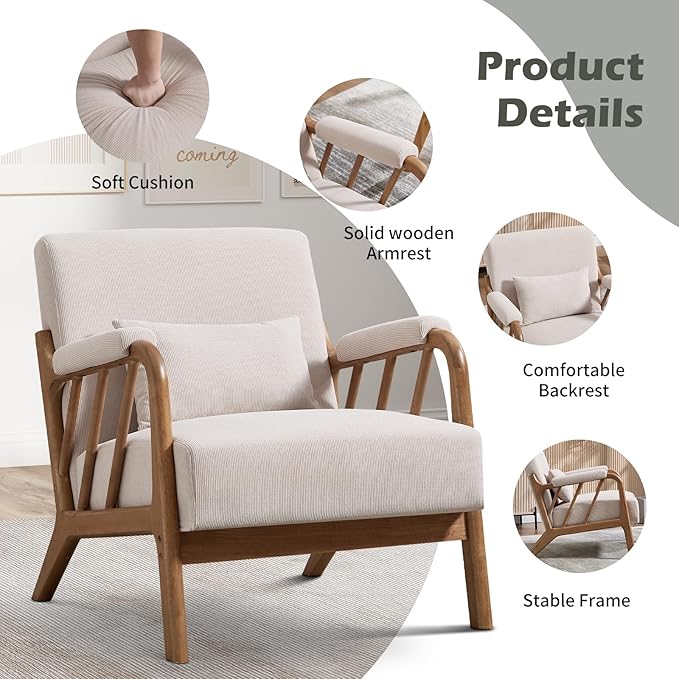 INZOY Accent Chairs Set of 2, Mid Century Modern Accent Chair with Wood Frame, Upholstered Reading Armchair with Corduroy Fabric, Accent Chair for Living Room Bedroom Apartment, Easy Assembly, Beige