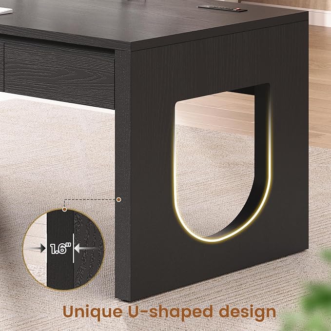 SEDETA 55" Executive Desk with 3 Drawers, Modern Office Desk with U-Shaped Legs, Wood Computer Desk with Power Outlet, Home Office Desks with Relief Texture, Black