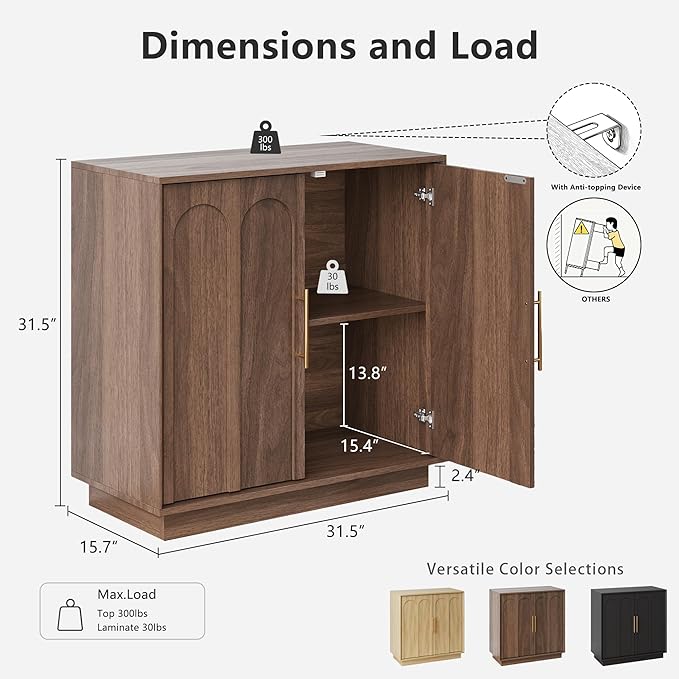 Sideboard Buffet Cabinet with Storage Set of 2, Mid Century Modern Accent Cabinet with Arched Doors, Modular Media Console, Credenza for Living Room Kitchen Dining Room Entryway, Walnut