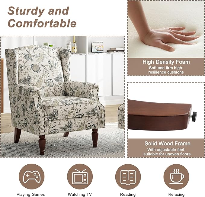Floral Accent Chair, Retro Modern Farmhouse Wingback Armchair with High Back, Tufted Nailhead Trim & Solid Wood Legs, Upholstered Reading Chair for Living Room, Bedroom, Office (Plants Beige)