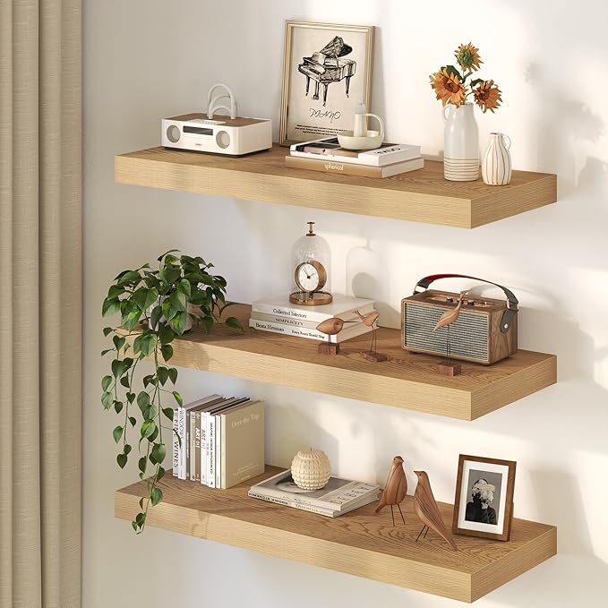 Oak Floating Shelves 48Inch Long, 12 Inch Deep Floating Shelves for Wall, 48 x 12 Large Floating Shelf for Fireplace Mantel, 2" Thicked Rustic Wall Shelves for Living Room, Bedroom Storage, 2 Packs