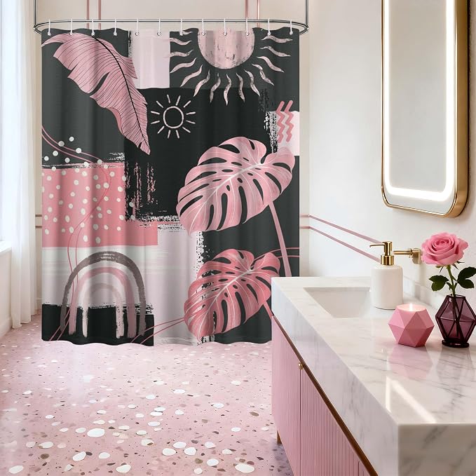 Small Stall Narrow Shower Curtain Pink and Gray Stand Up Abstract Grey Bohemian Shower Curtains for Rv Camper Bathroom Decor Sets, Waterproof Cloth Fabric with Hooks, 48 x 72 Inch