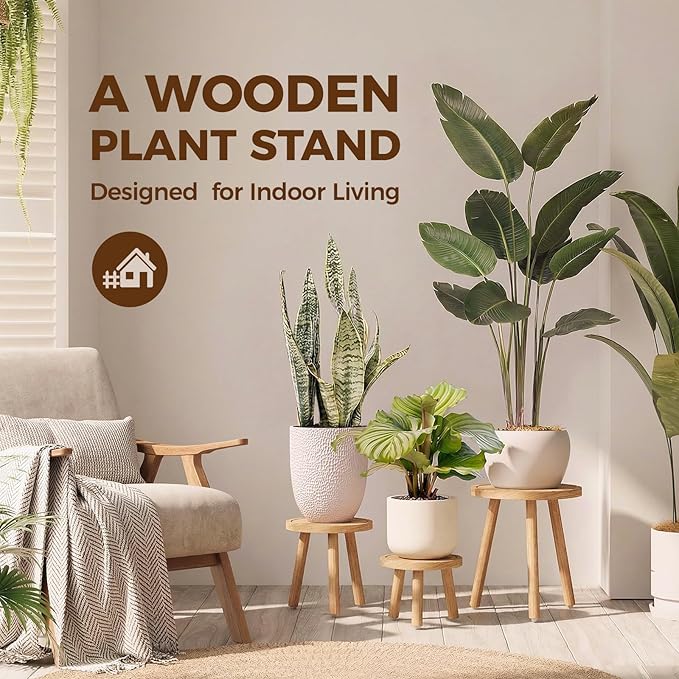 Bamworld Plant Stands Indoor 3 Pack Single Plant Stand for Multiple Plants Corner Plant Stool Wooden Plant Stands for Patio Garden Balcony Living Room Bedroom(Nature)