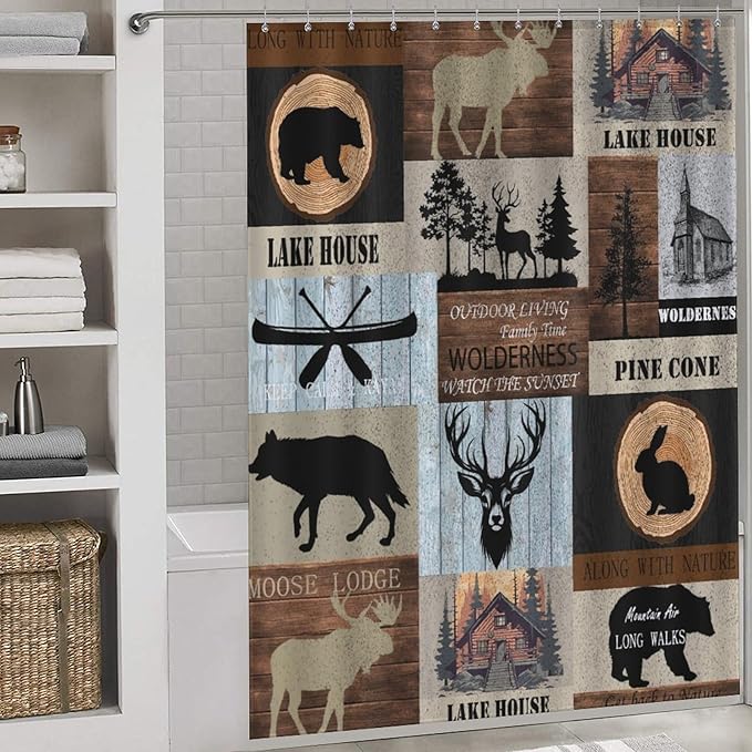 Rustic Cabin Shower Curtain Bear Deer Forest Wildlife Country Lodge Hunting Camping Animal Farmhouse Vintage Waterproof Shower Curtains for Bathroom Decor 12 Pack Hooks 66x72in（168x183cm）