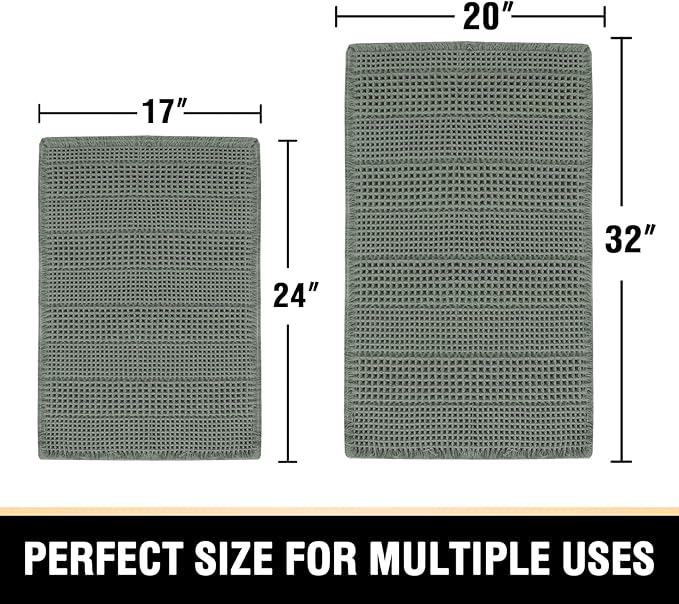 H.VERSAILTEX Waffle Bath Mat Super Absorbent Bathroom Mats Non Slip Bath Rugs for Bathroom Floor Machine Washable Ultra Soft Bathroom Rugs for Beside Tub, (32 x 20 Plus 24 x 17 - Inches, Lichen)