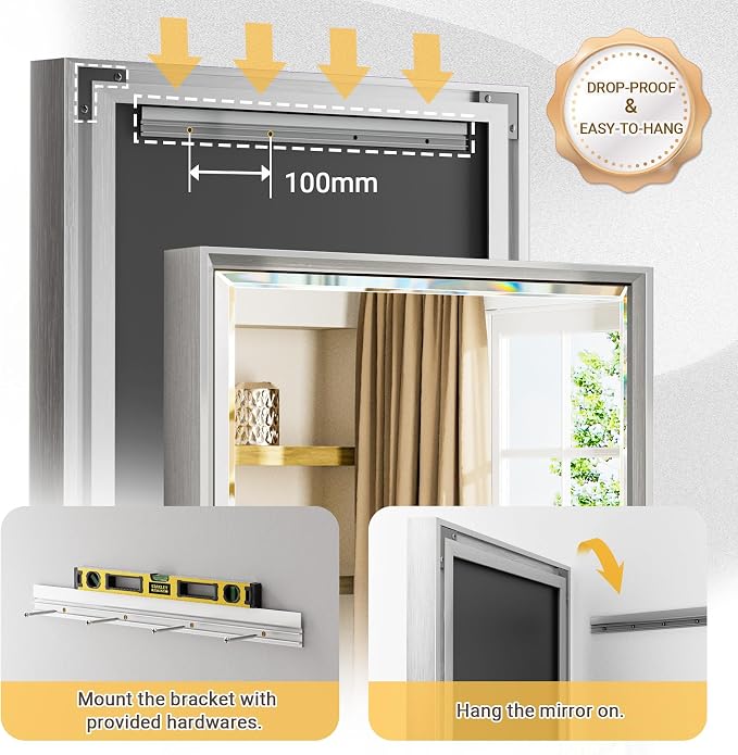 48 x 30 Beveled Bathroom Mirror, Shatterproof Rectangle Mirror, Metal Framed for Wall, Anti-Rust (Vertical/Horizontal)