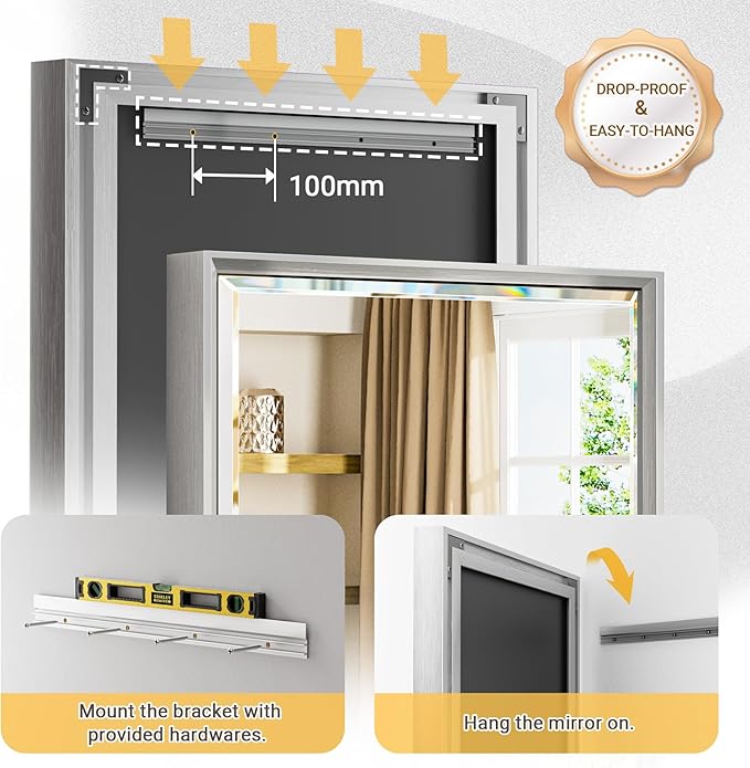 48x24 Beveled Silver Bathroom Vanity Mirror, Shatterproof Large Rectangle Metal Framed Mirror for Bathroom Wall, Anti-Rust Vertical/Horizontal Wall-Mounted Mirrors