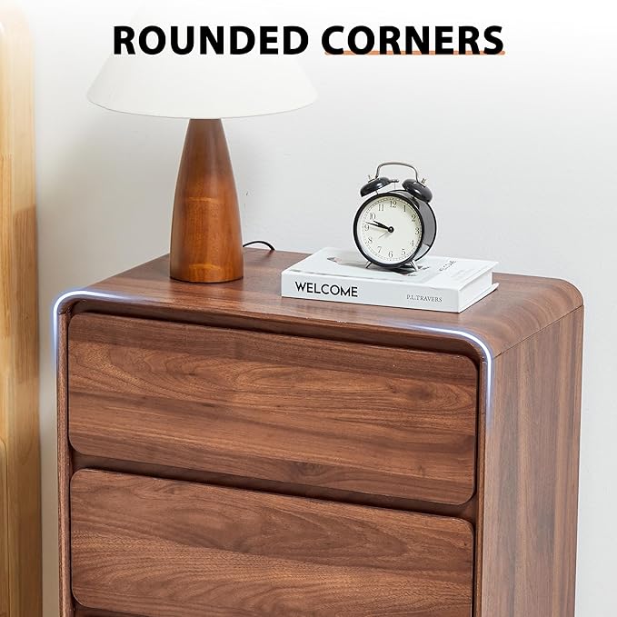 AVZEAR Modern 3 Drawer Dresser for Bedroom, Wooden Dresser Chest of Drawers, Handle Free & Curved Profile Design, Mid Century 3 Drawer Nightstand for Living Room, Walnut