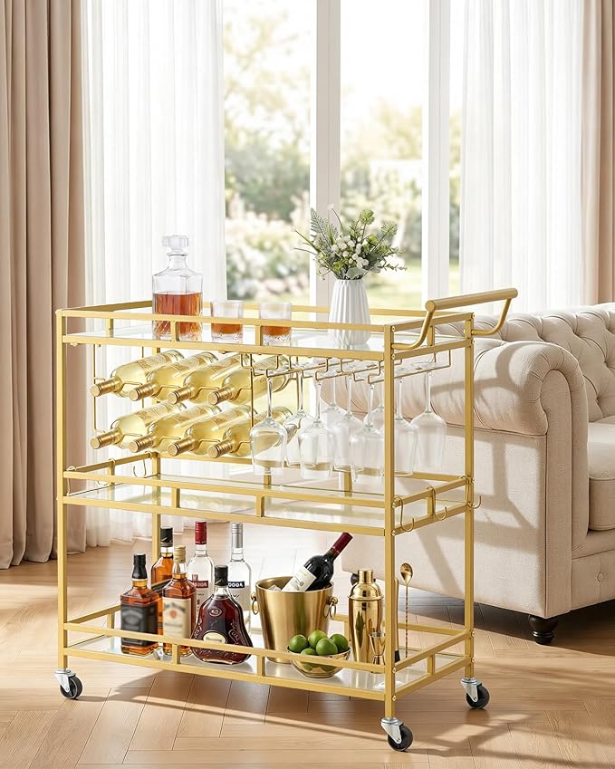 VEVOR Bar Cart, 3 Tiers Home Kitchen Serving Carts, Modern Rolling Utility Station on Wheels, Drink Beverage Trolley with Tempered Glass Shelves, Wine Rack, Glass Holder, for Living Dining Room, Gold