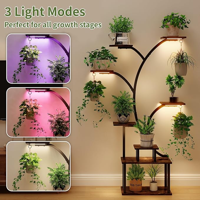 VECELO Plant Stand with Grow Light, 8-Tier Plant Shelf for Multiple Pots , 62" Corner Plant Stand Indoor for Living Room Patio Home Decor