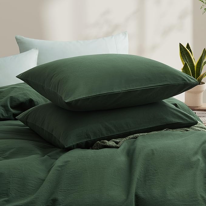 LOVQUE 100% Washed Cotton Duvet Cover Set King Size, Linen Like Natural Bedding Set with Zipper Closure (No Comforter), 104x90 Inches, Forest Green