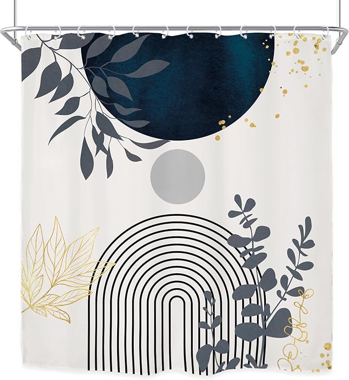 Riyidecor Extra Wide Boho Navy Blue Shower Curtain for Bathroom Decor 72Wx78H Gold Eucalyptus Plants Abstract Boho Modern Mid Century Art Printed Fabric Polyester Waterproof 12 Pack Plastic Hooks