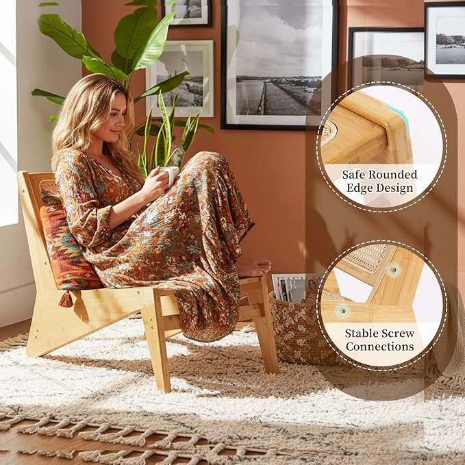 Furlide Rattan Accent Chair for Living Room, Mid Century Side Chair, Comfy Bamboo Chairs for Bedroom Reading Room, Wood