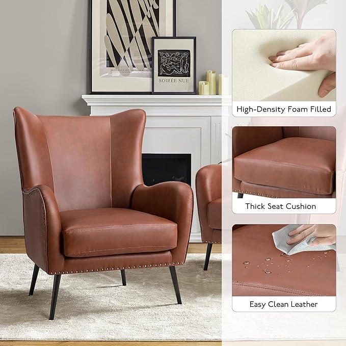 HULALA HOME Faux Leather Accent Chair Set of 2 with Removable Cushion, Comfy Upholstered Armchair with Metal Legs & Nailhead Trim Wingback Vanity Chair for Reading Living Room Bedroom, Brown